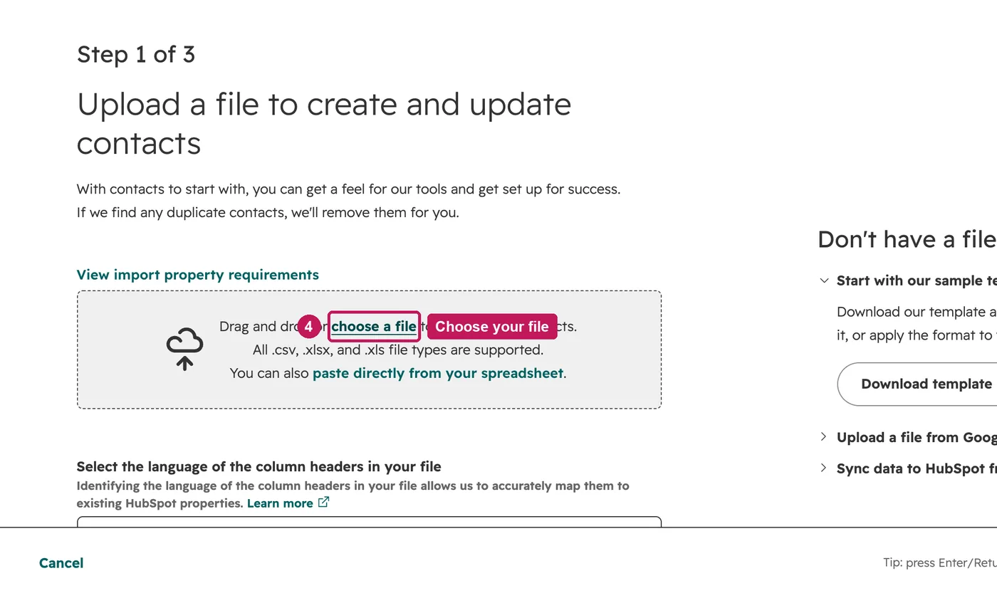 HubSpot screen for step 4: Upload your file and click Next.