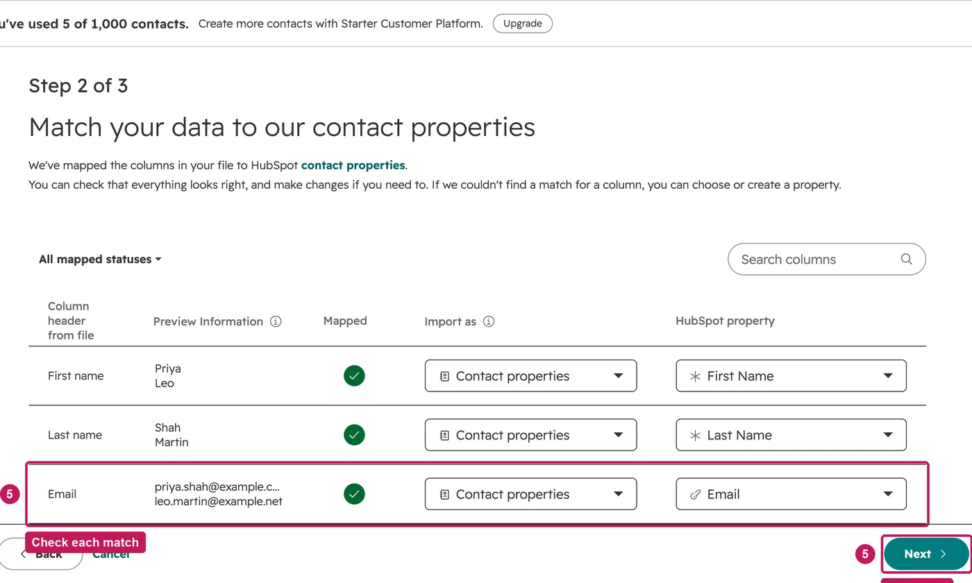 HubSpot screen for step 5: Check that each column is matched to the right contact property, then click Next.