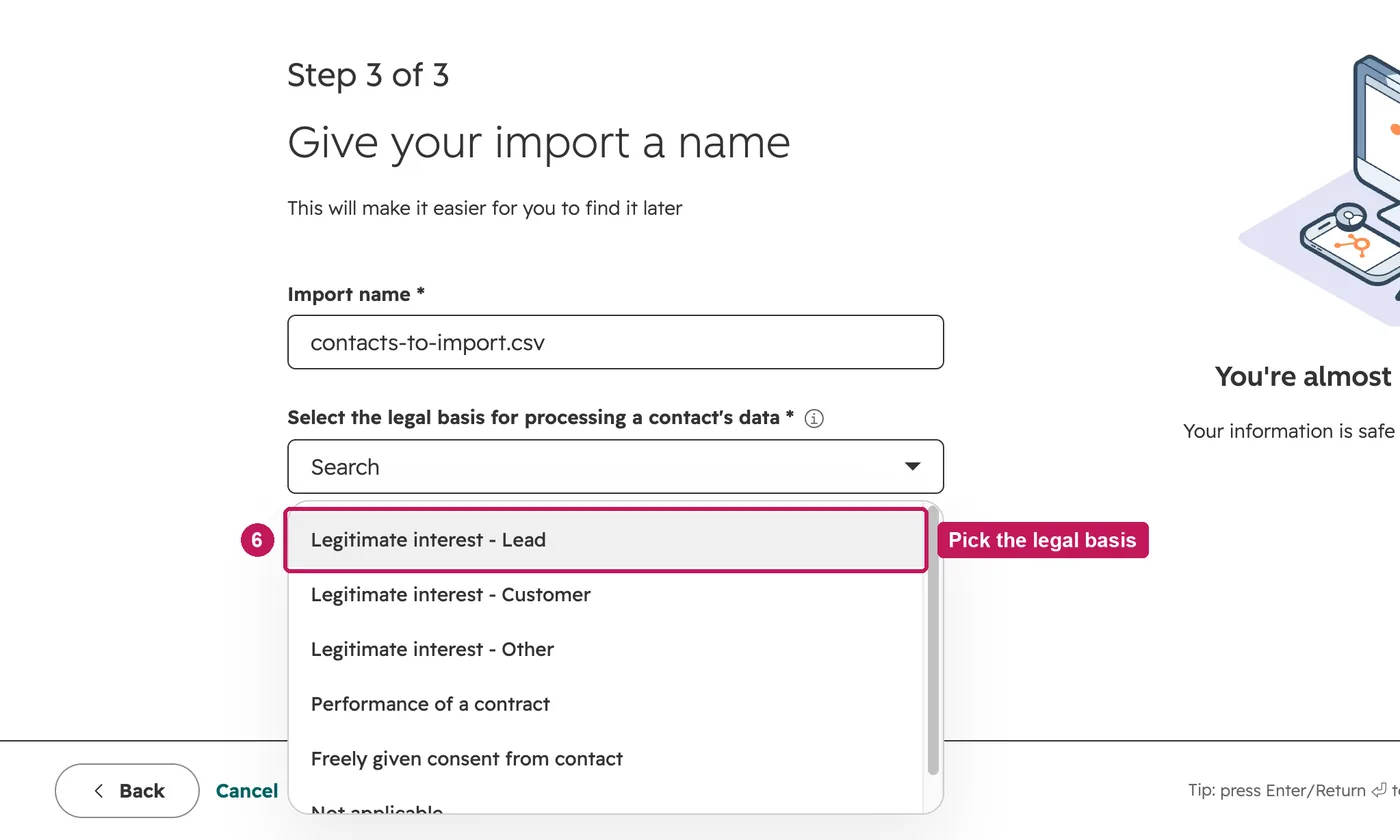 HubSpot screen for step 6: Name the import. With GDPR switched on, also pick the legal basis for processing.