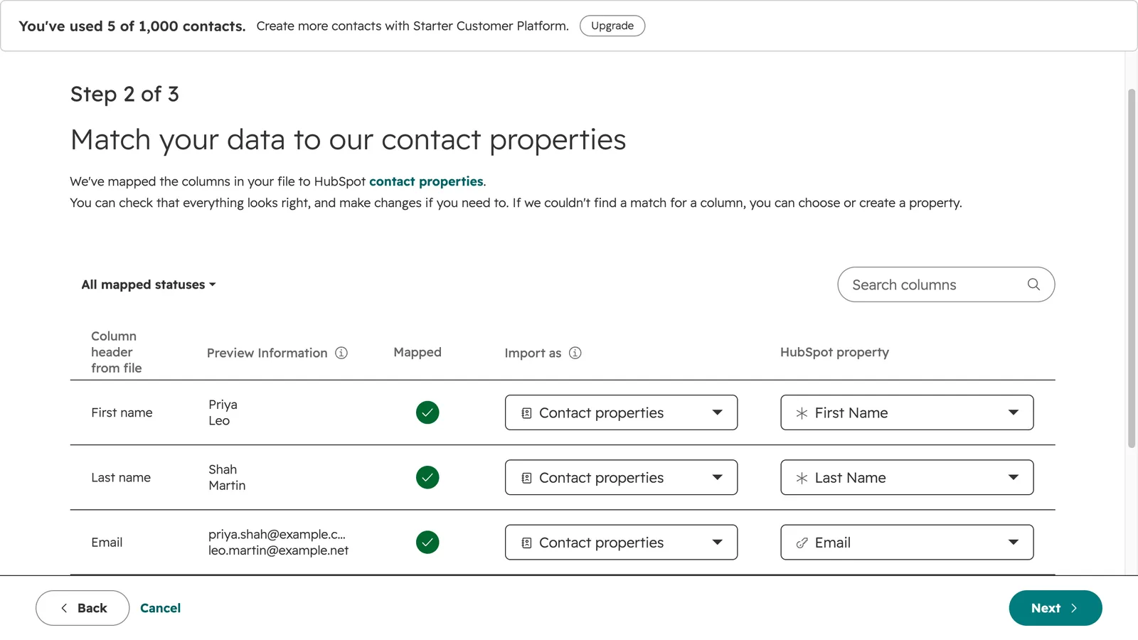 HubSpot screen from the video: Check that each column is matched to the right contact property, then click Next.