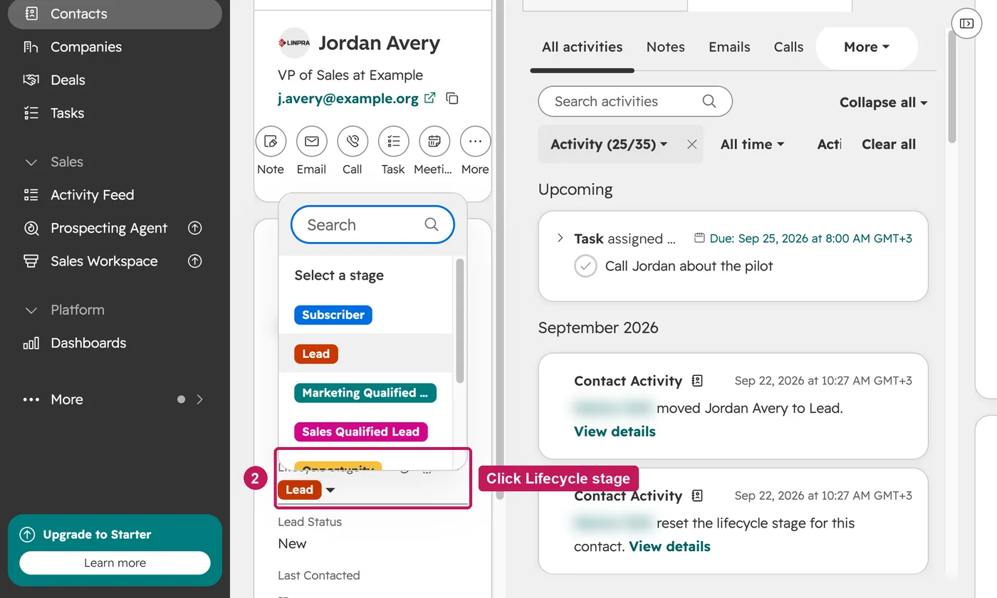 HubSpot screen for step 2: In the left panel, click Lifecycle stage to see the stages.