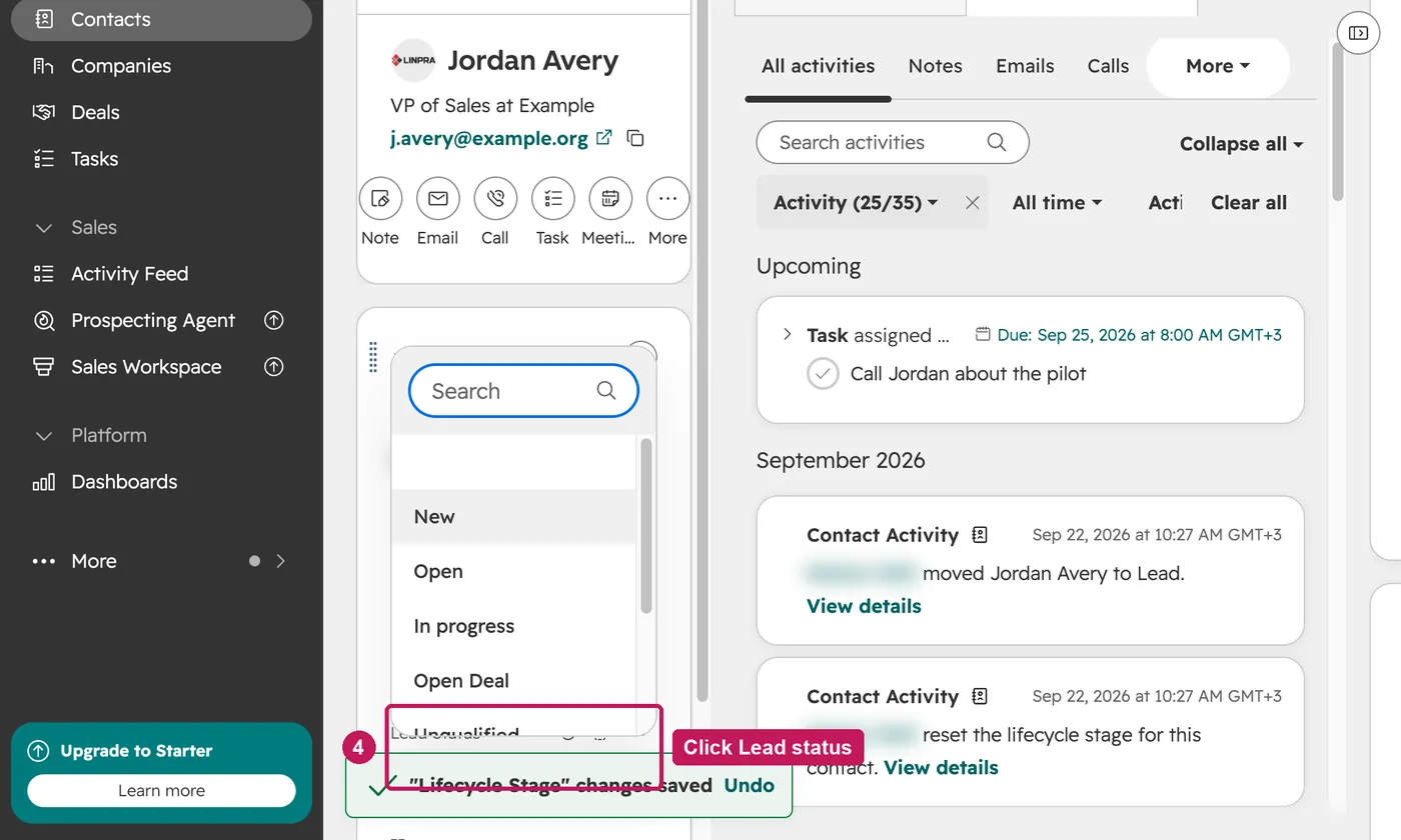 HubSpot screen for step 4: Click Lead status, right below, to see where the sales conversation stands.