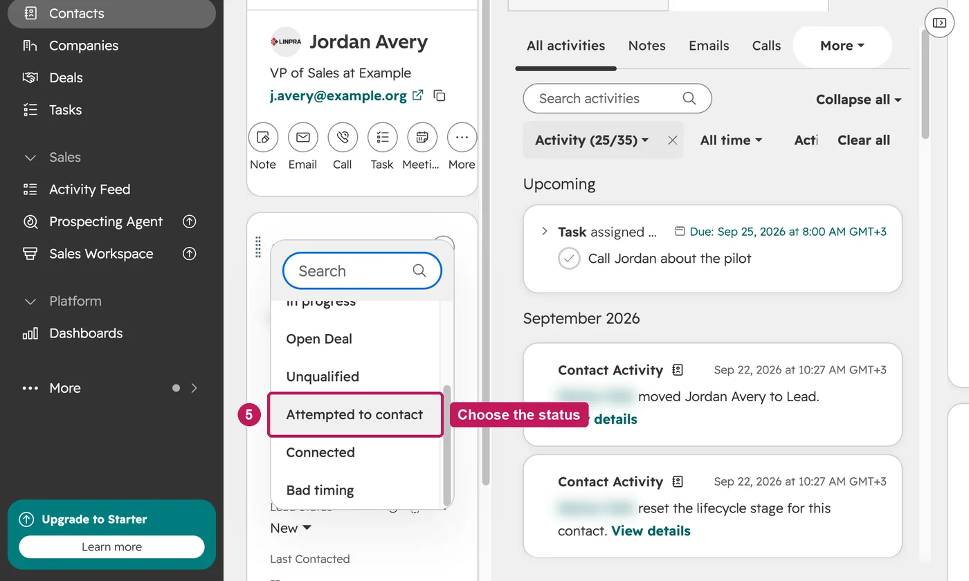 HubSpot screen for step 5: Choose the new lead status. Both values are saved on the record.