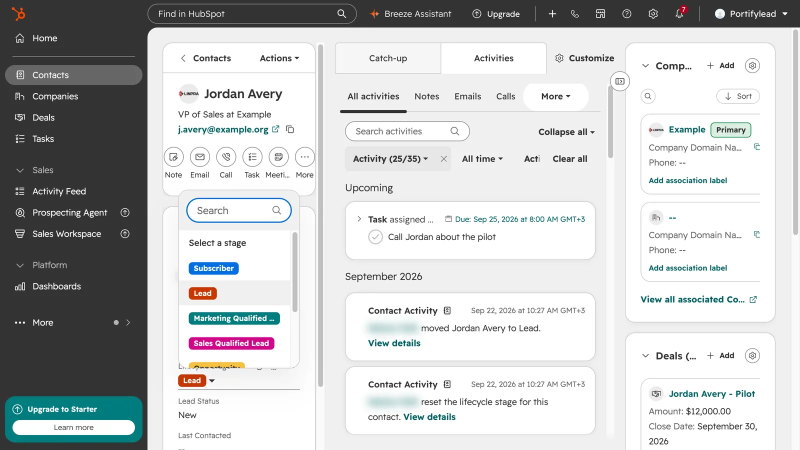 HubSpot screen from the video: In the left panel, click Lifecycle stage to see the stages.
