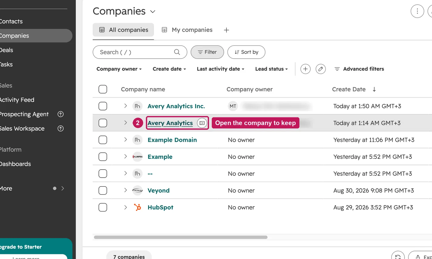 HubSpot screen for step 2: Open the company you want to keep. It becomes the primary record.