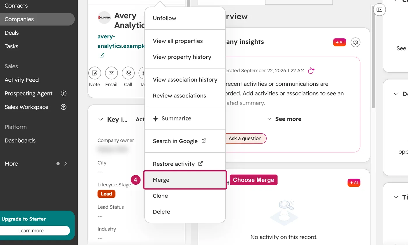 HubSpot screen for step 4: Choose Merge.