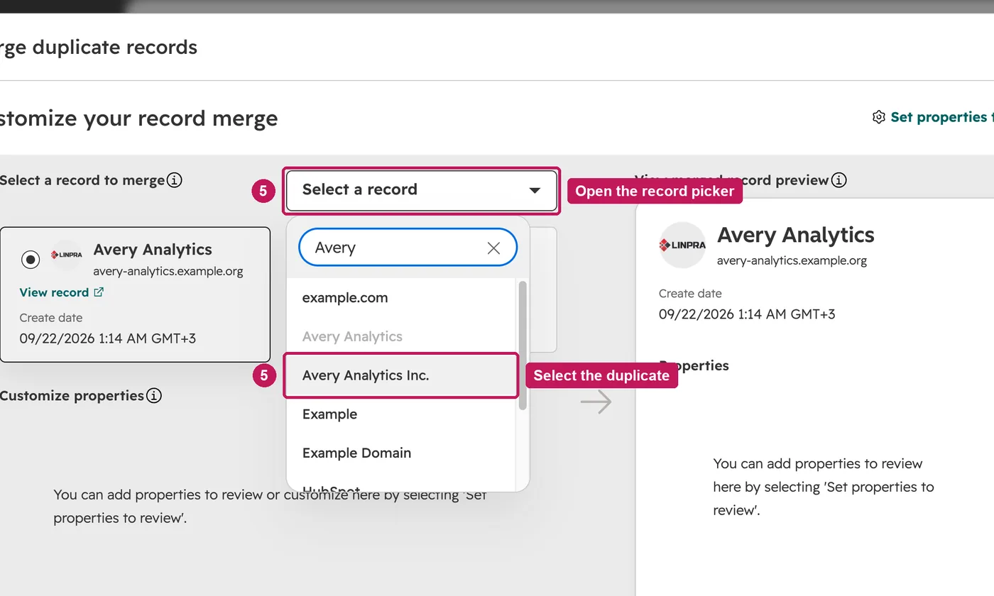 HubSpot screen for step 5: Open the record picker, search for the duplicate and select it.