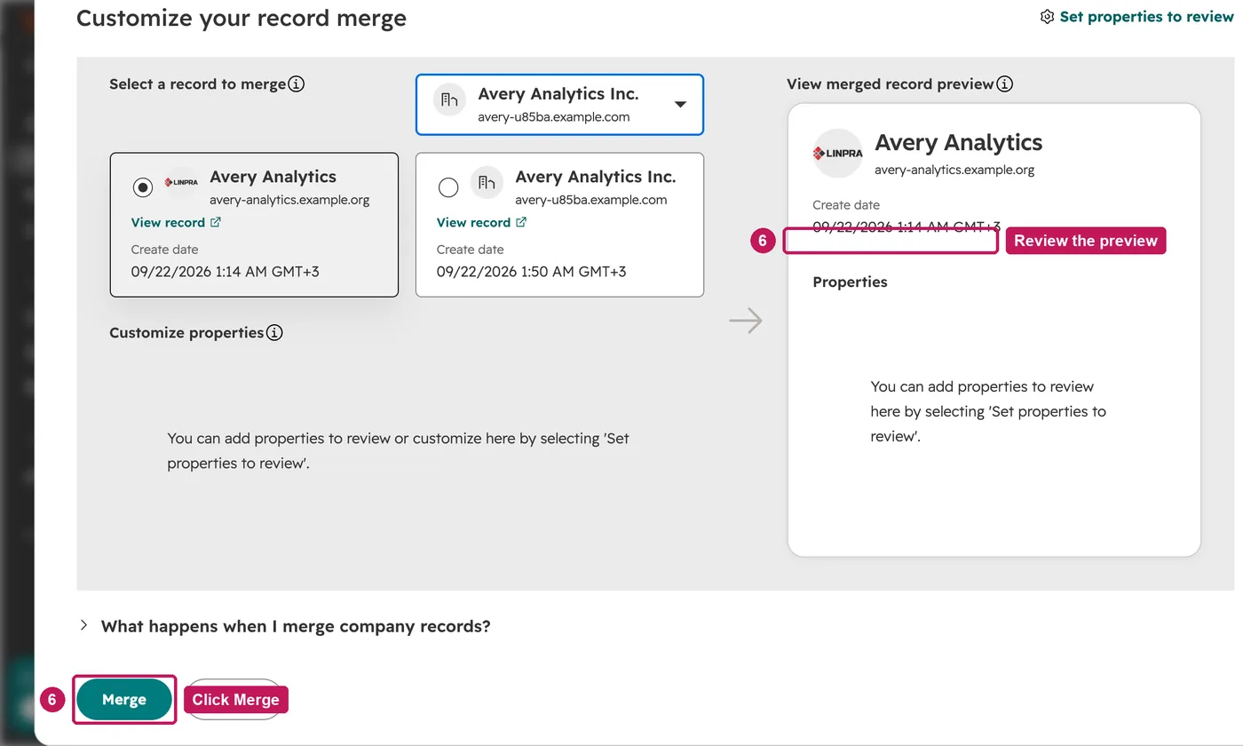 HubSpot screen for step 6: Check the preview, then click Merge. The duplicate's domain becomes a secondary domain.