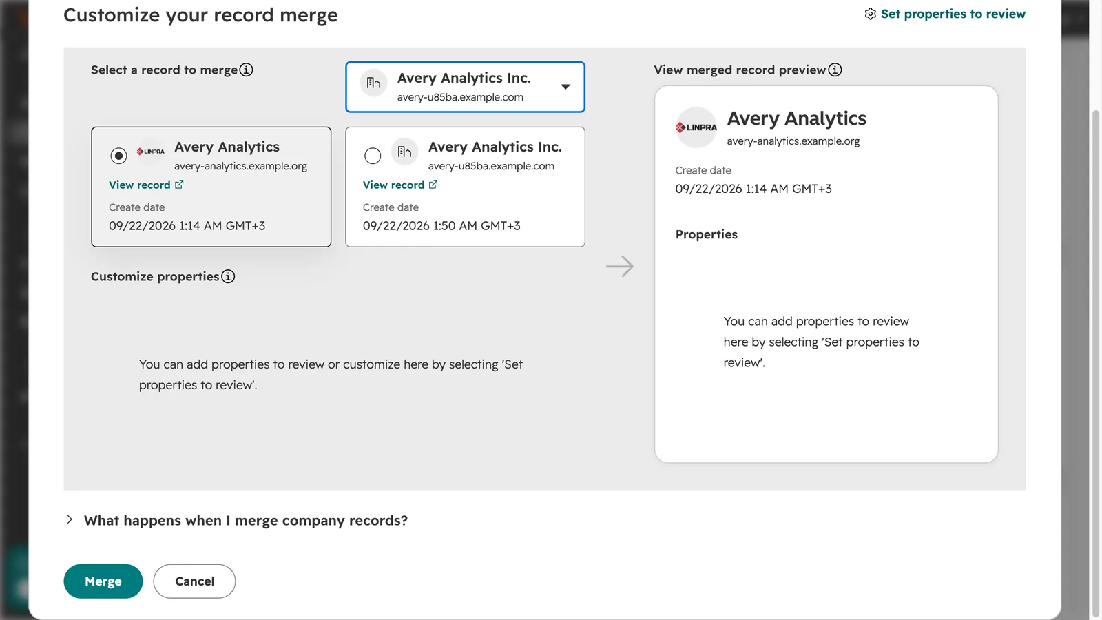 HubSpot screen from the video: Check the preview, then click Merge. The duplicate's domain becomes a secondary domain.