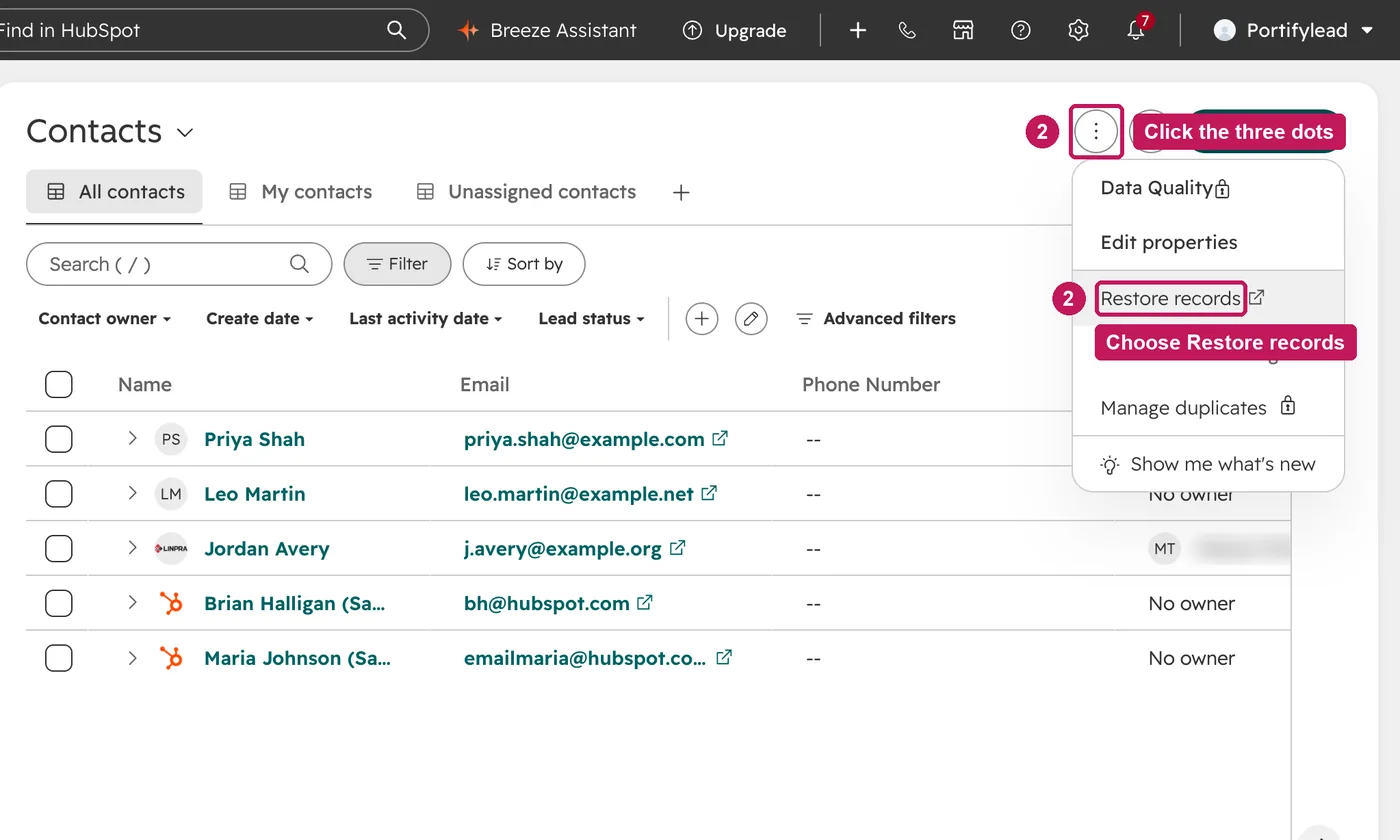 HubSpot screen for step 2: At the top right, click the three dots and choose Restore records.