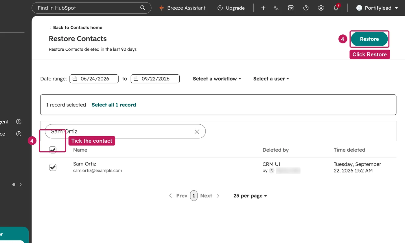 HubSpot screen for step 4: Tick the contact and click Restore.