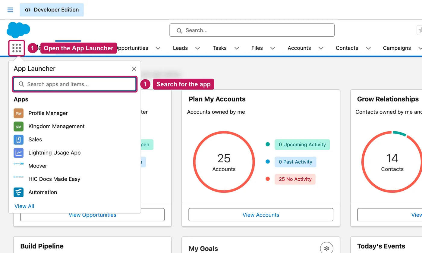 Salesforce screen for step 1: Click the App Launcher, the grid of dots at the top left, and search for the app.