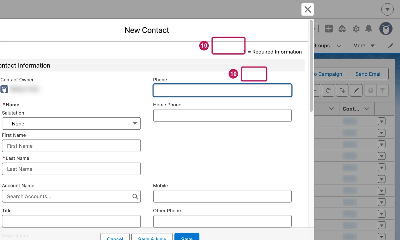 Salesforce screen for step 10: To create a record, open its tab and click New. Required fields are marked with a red star.