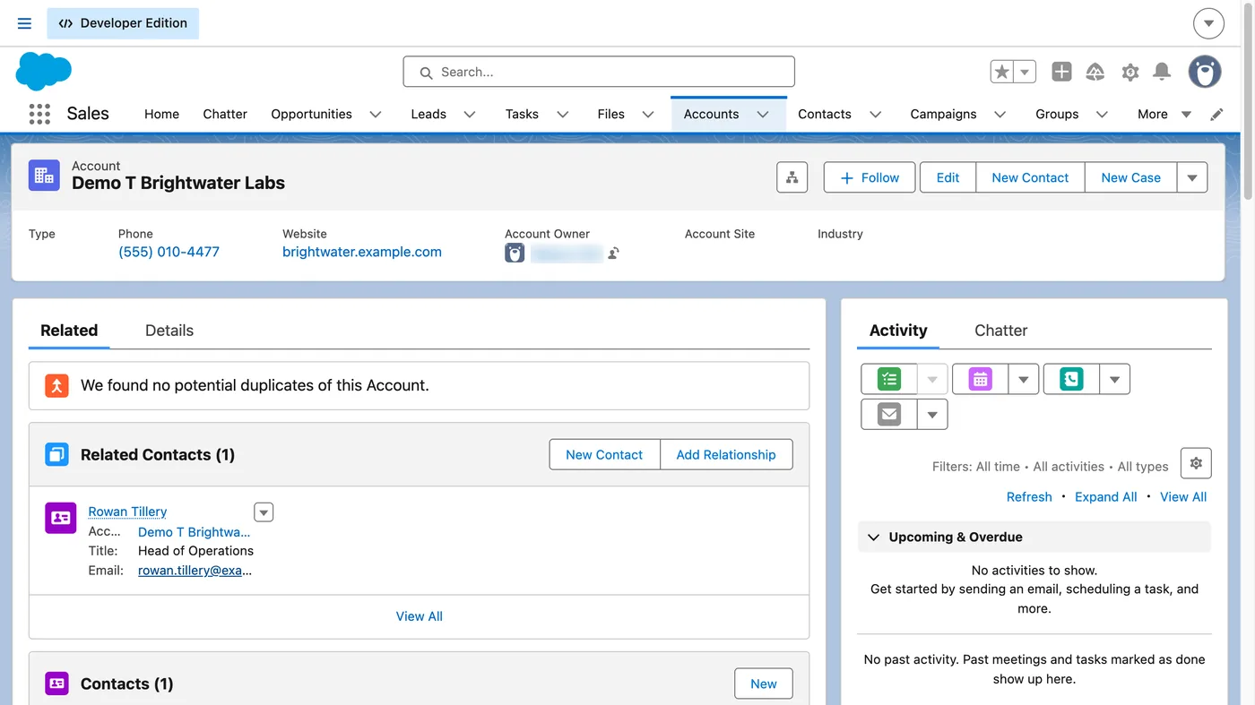 Salesforce screen for step 5: Click a name to open the record: key fields at the top, related records below, activity on the right.