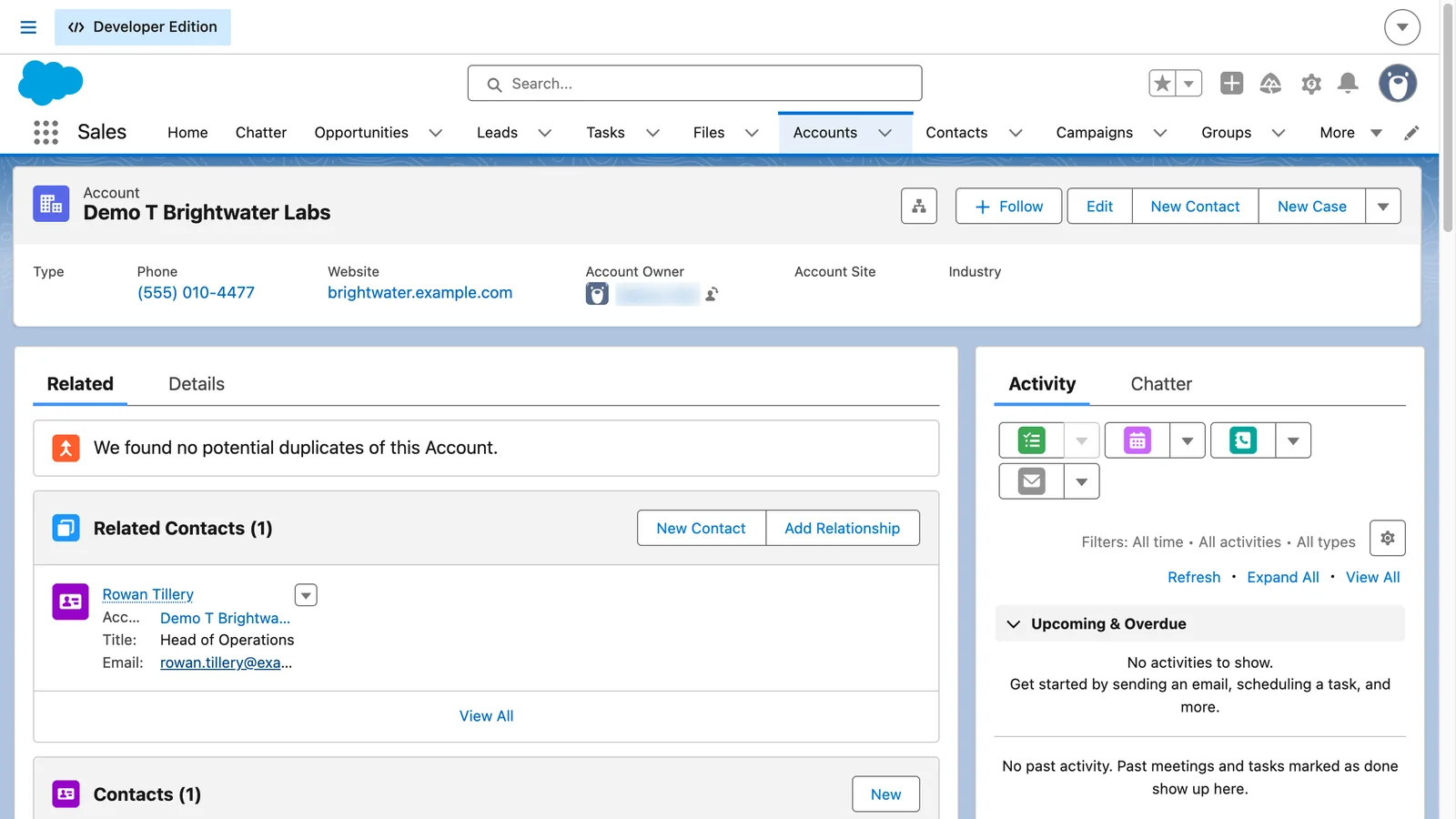 Salesforce screen from the video: Click a name to open the record: key fields at the top, related records below, activity on the right.