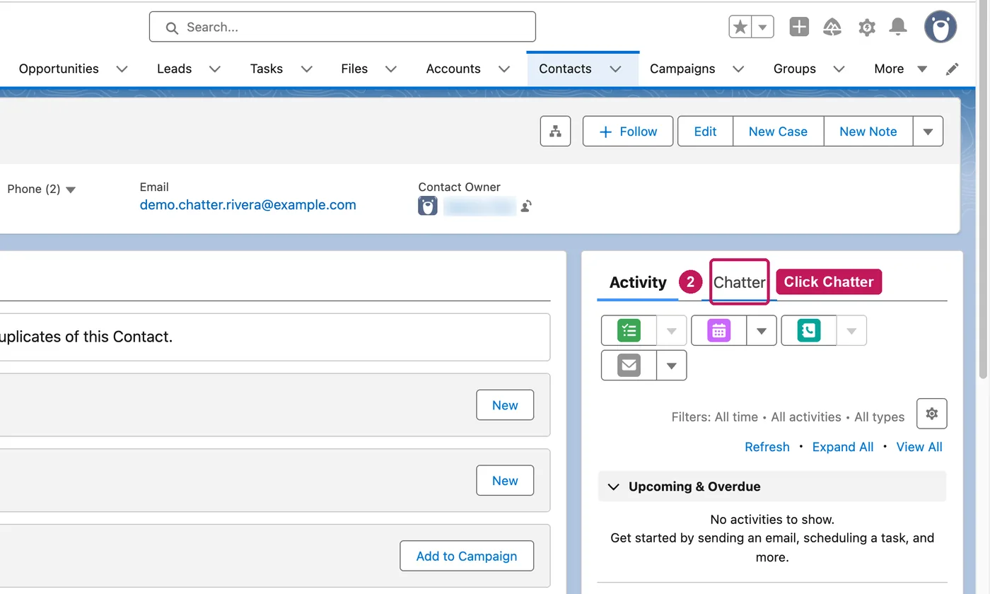Salesforce screen for step 2: Click the Chatter tab next to Activity.