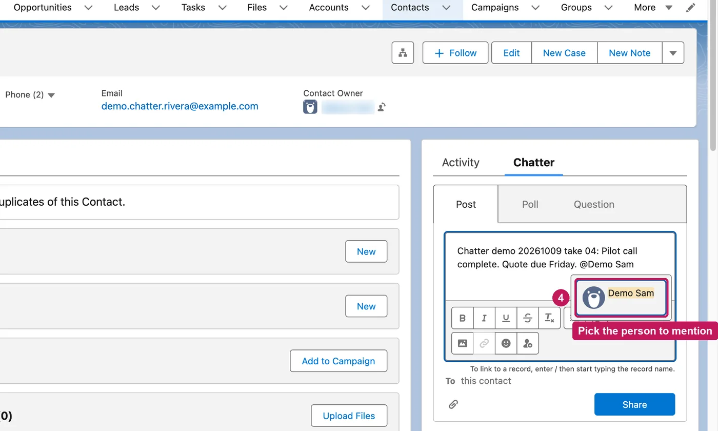 Salesforce screen for step 4: Type @ and a name, then pick the person from the list.