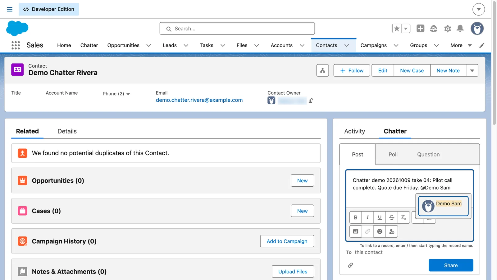 Salesforce screen from the video: Type @ and a name, then pick the person from the list.