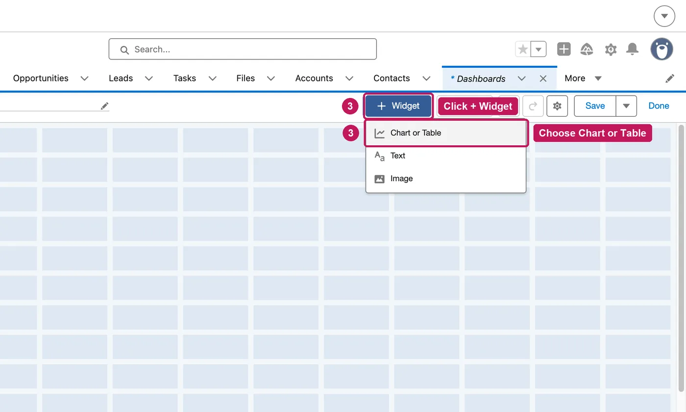 Salesforce screen for step 3: Click + Widget, then Chart or Table.