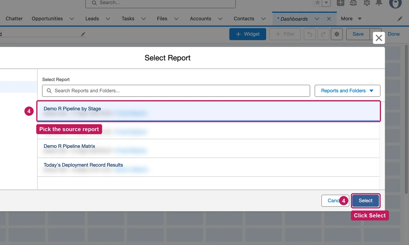 Salesforce screen for step 4: Pick the source report and click Select.