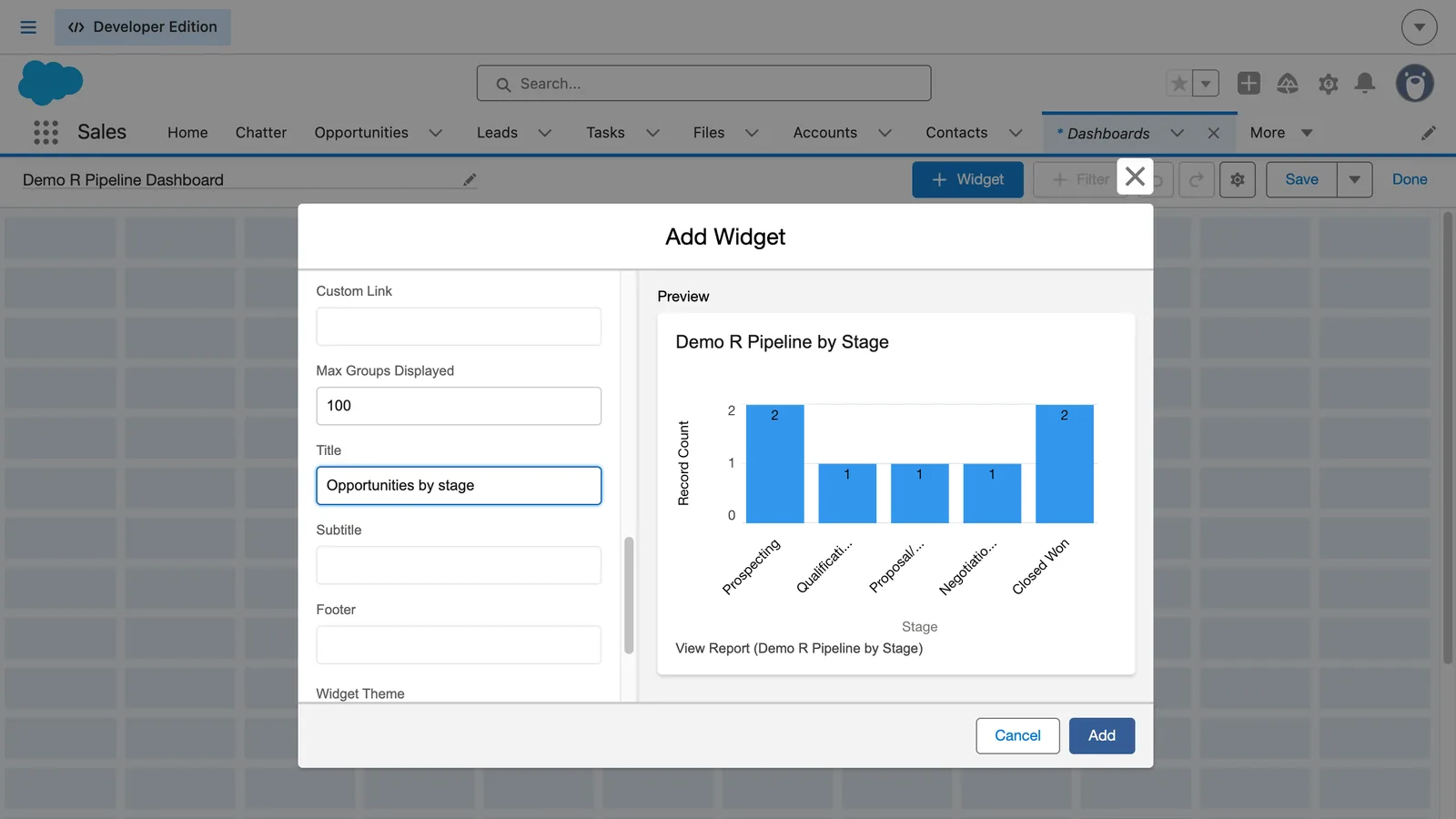 Salesforce screen from the video: Choose the chart type, give the widget a title and click Add.