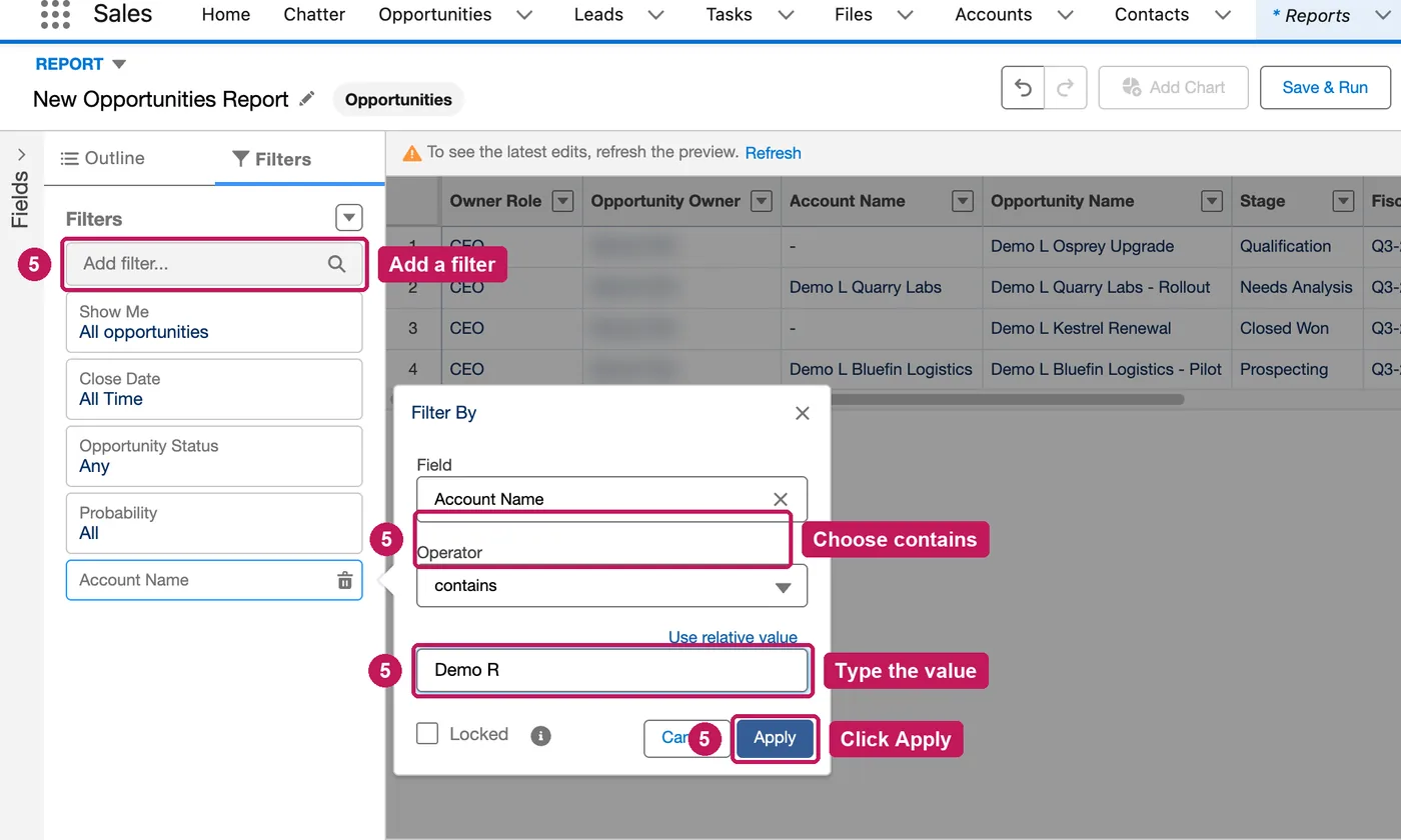 Salesforce screen for step 5: Add a field filter, for example Account Name contains a value, and click Apply.