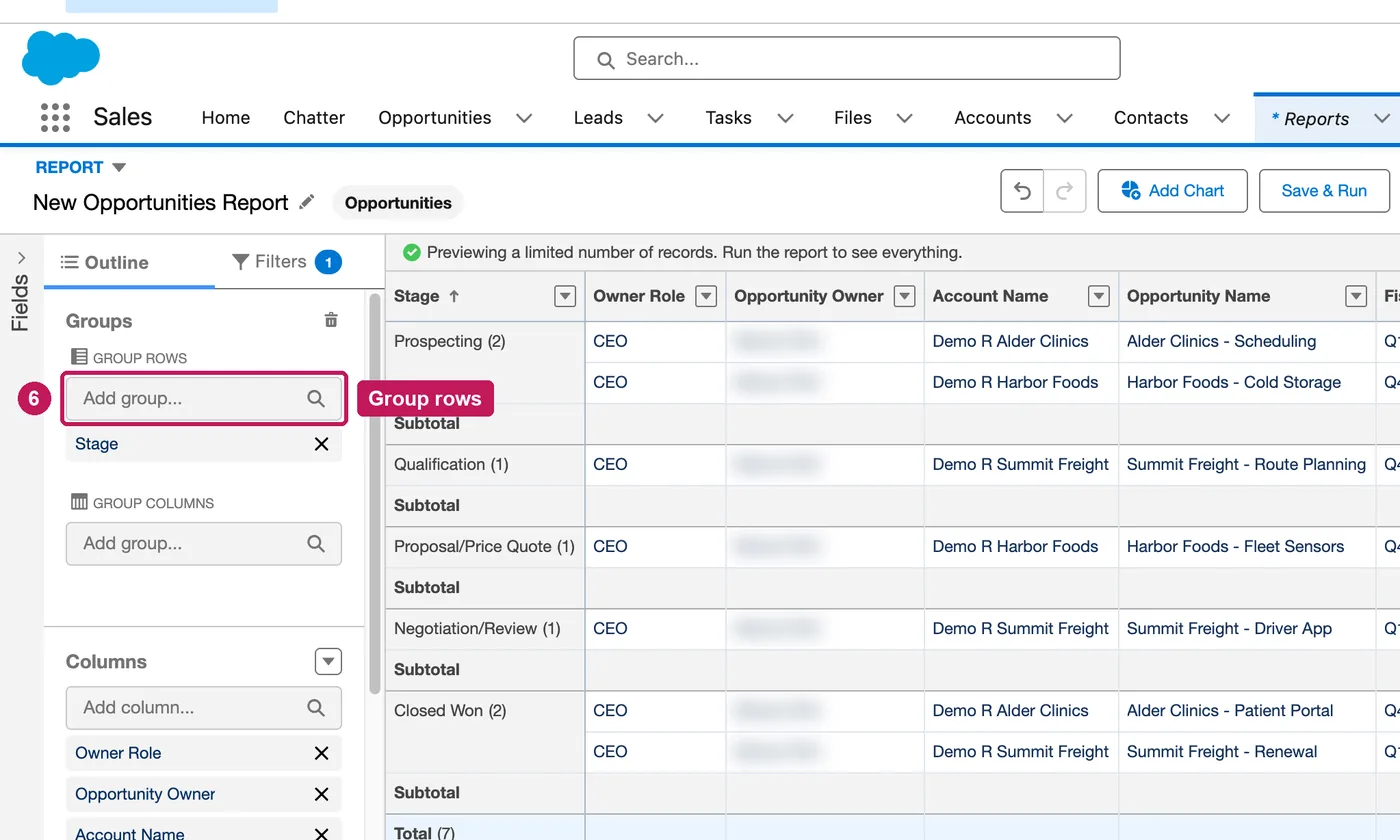 Salesforce screen for step 6: In Outline, add a group, for example Stage, and refresh the preview.