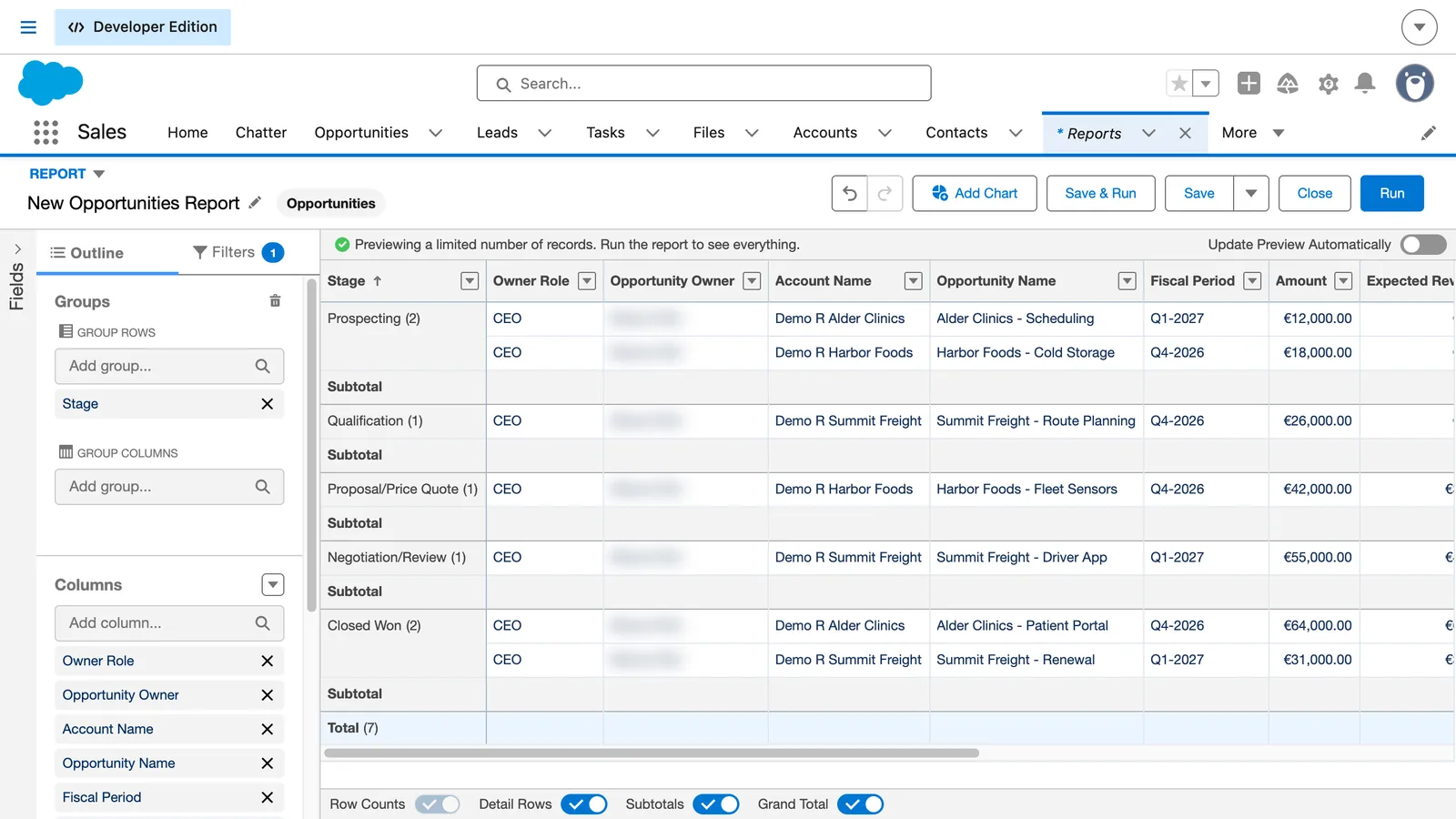 Salesforce screen from the video: In Outline, add a group, for example Stage, and refresh the preview.