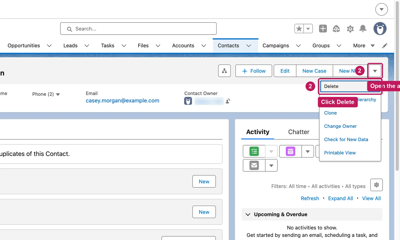 Salesforce screen for step 2: Click the arrow next to the action buttons, then Delete.