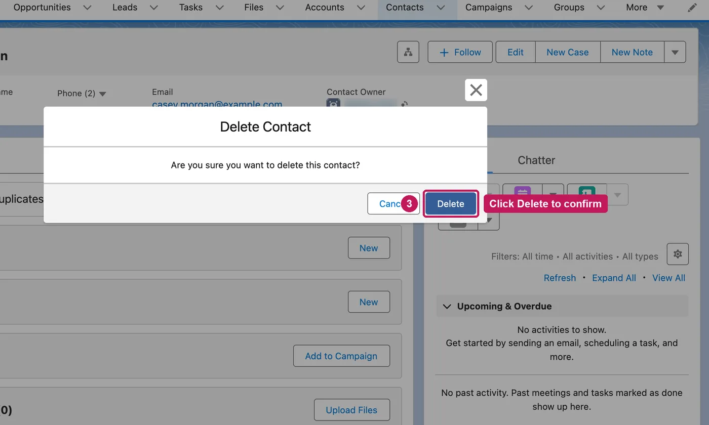 Salesforce screen for step 3: Click Delete to confirm.
