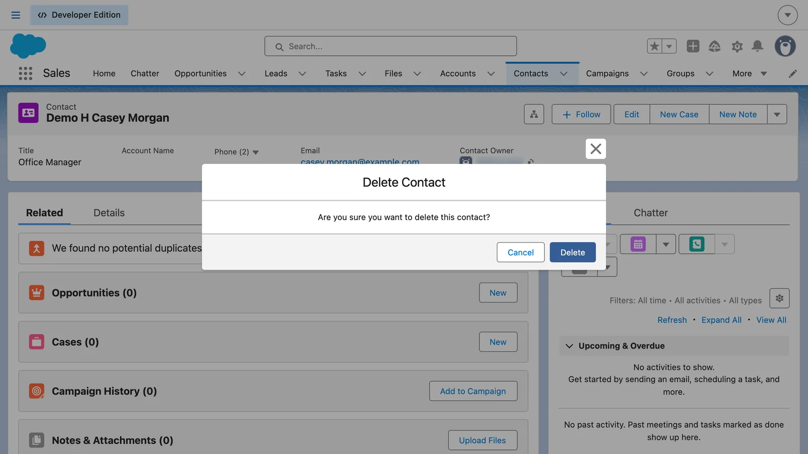 Salesforce screen from the video: Click Delete to confirm.