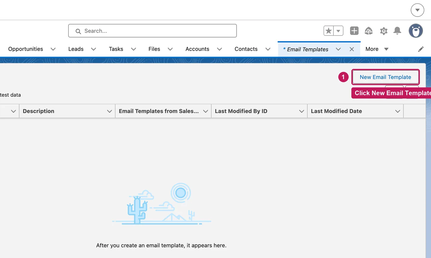 Salesforce screen for step 1: Open Email Templates and click New Email Template.
