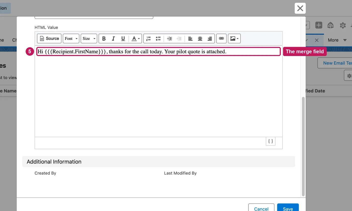 Salesforce screen for step 5: Finish the message. The merge field is filled in when the email is sent.