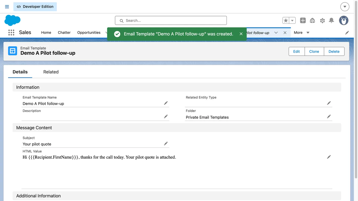 Salesforce screen for step 6: Click Save. The template is ready to use when you write an email.