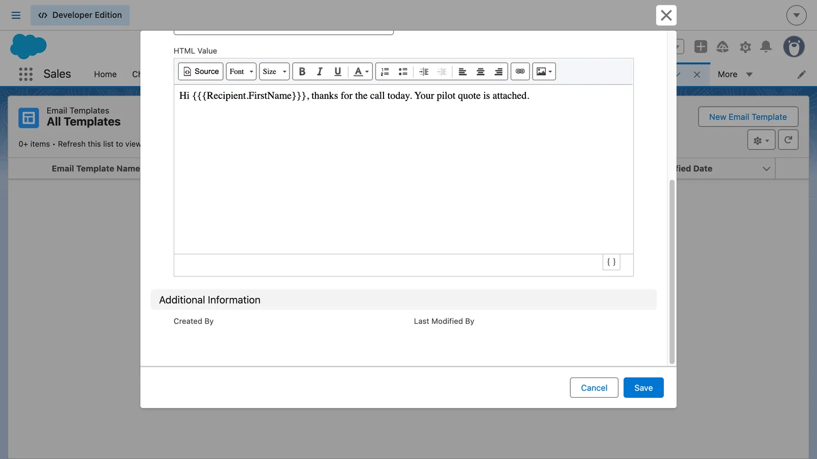 Salesforce screen from the video: Finish the message. The merge field is filled in when the email is sent.