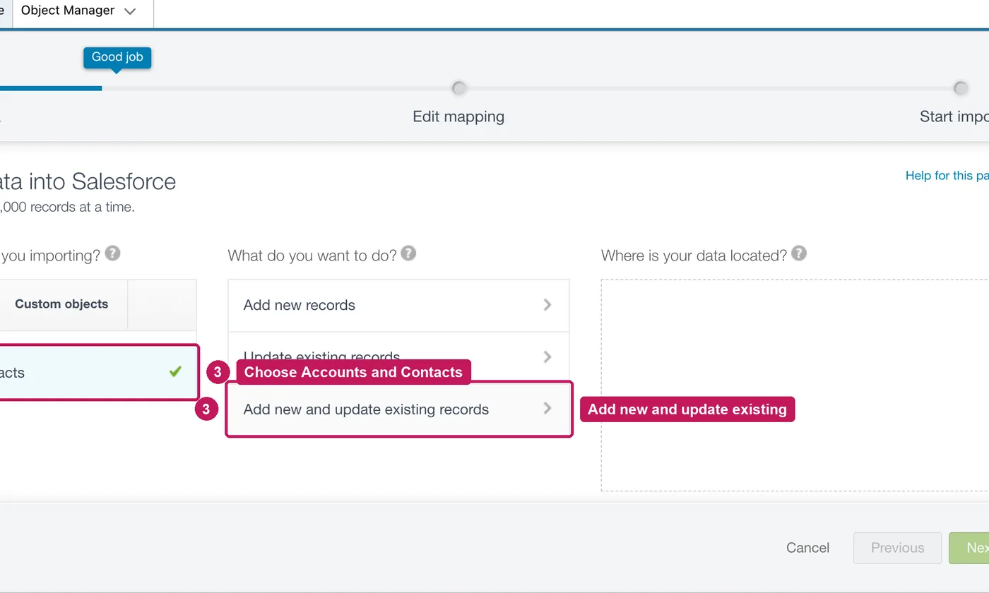 Salesforce screen for step 3: Choose Accounts and Contacts, then Add new and update existing records.