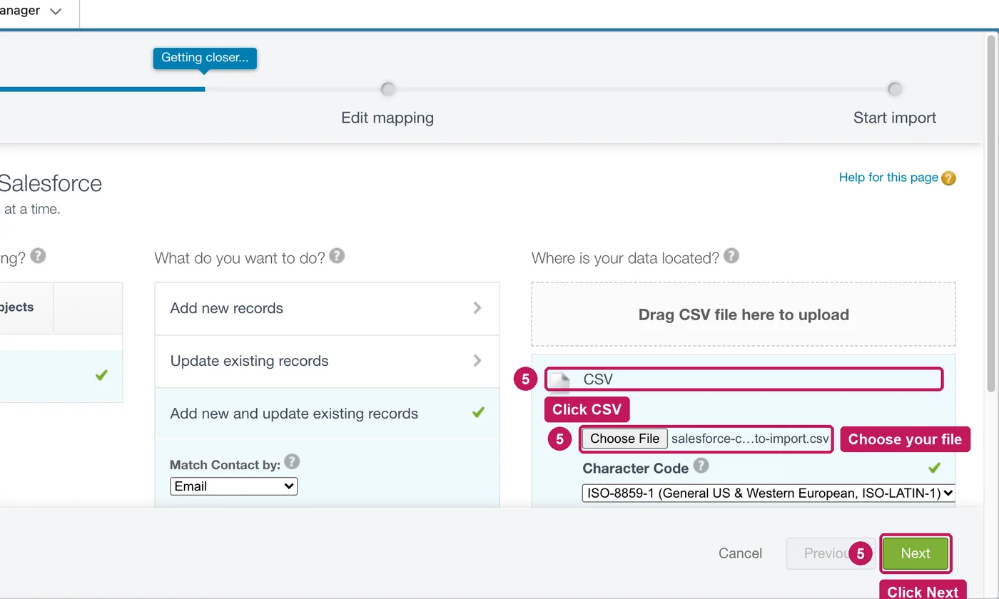 Salesforce screen for step 5: Click CSV, choose your file, and click Next.