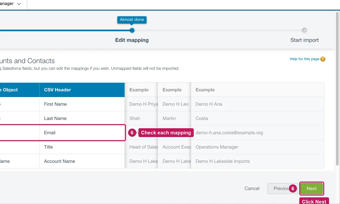 Salesforce screen for step 6: Check that each column maps to the right field, using Change to fix one, then click Next.