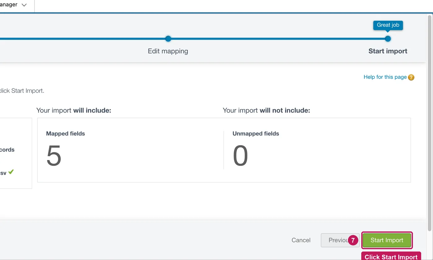 Salesforce screen for step 7: Review the import and click Start Import.