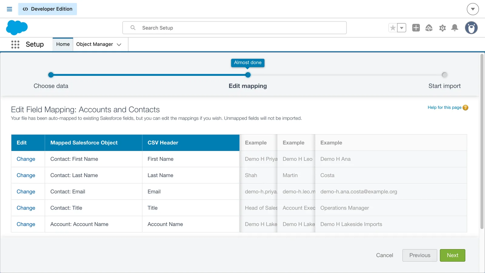 Salesforce screen from the video: Check that each column maps to the right field, using Change to fix one, then click Next.