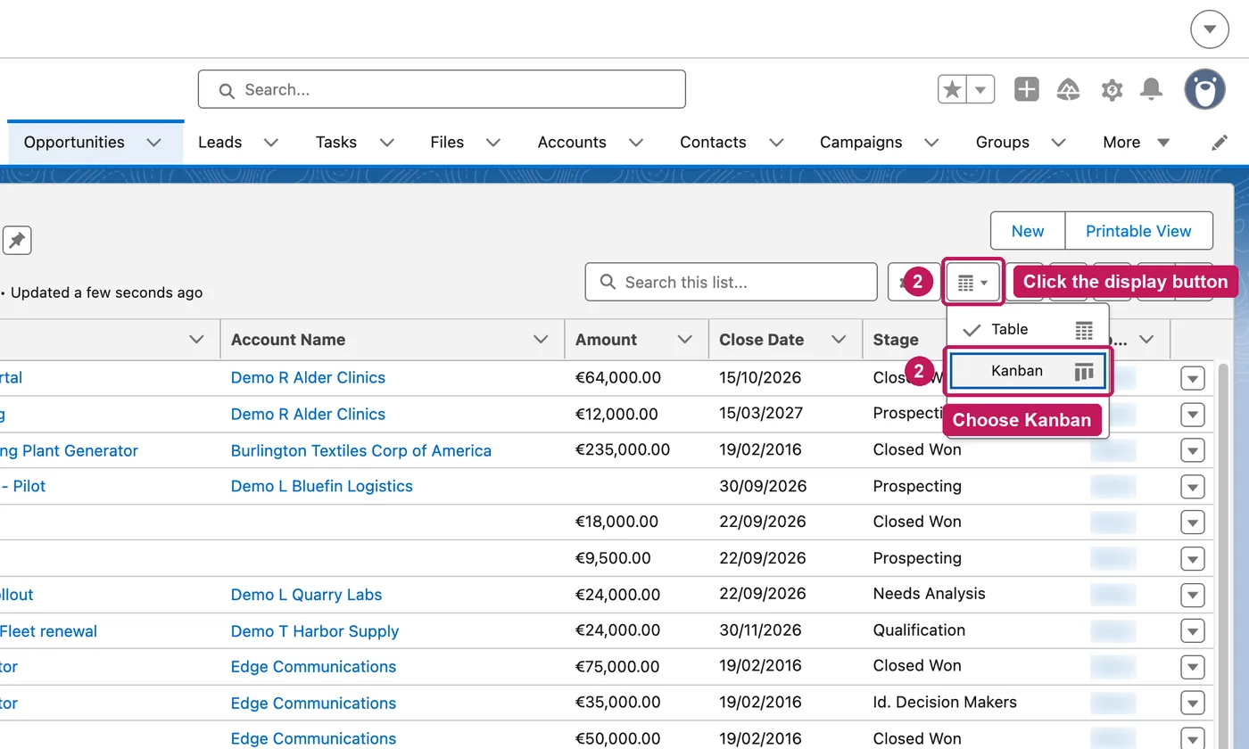 Salesforce screen for step 2: Click the display button next to the search box and choose Kanban.
