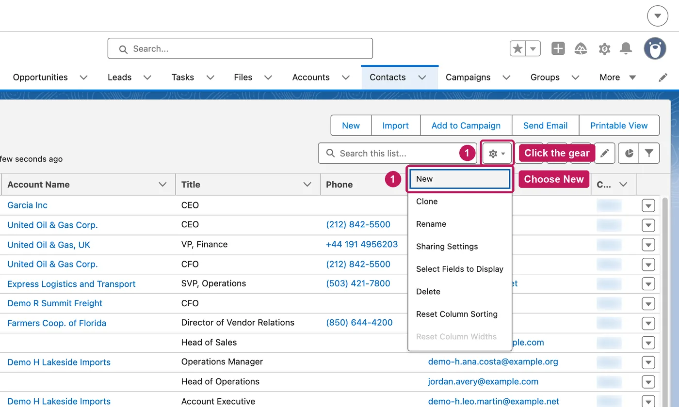 Salesforce screen for step 1: On the Contacts tab, click the List View Controls gear and choose New.