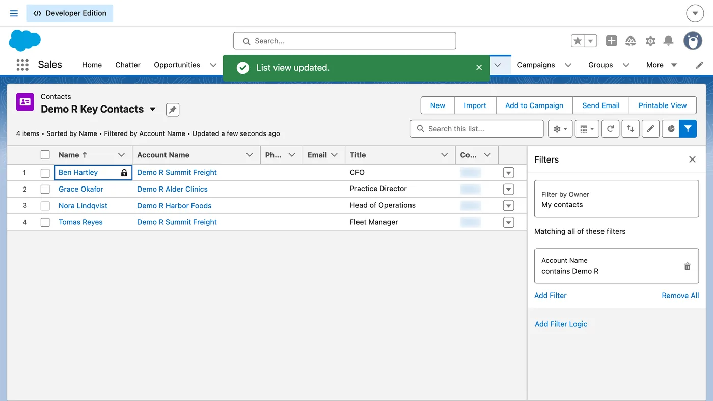 Salesforce screen for step 4: Click Save at the top of the Filters panel. The list shows only the matching records.
