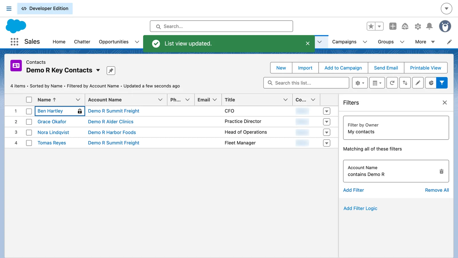 Salesforce screen from the video: Click Save at the top of the Filters panel. The list shows only the matching records.