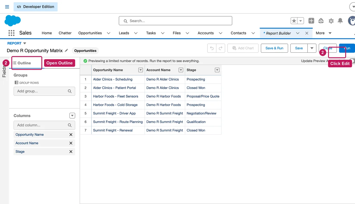 Salesforce screen for step 2: Click Edit, then open Outline.