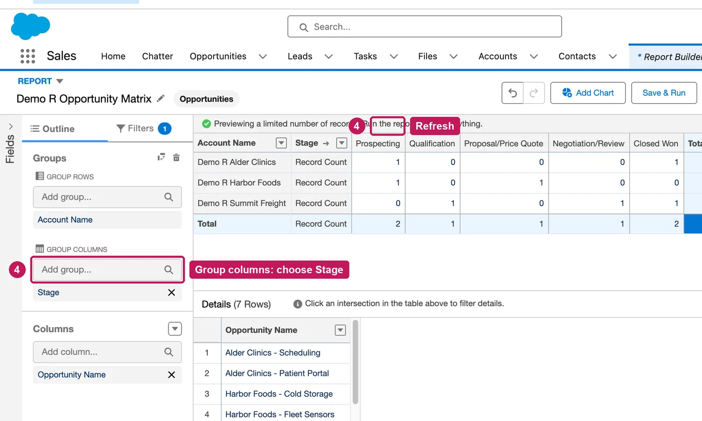 Salesforce screen for step 4: Under Group Columns, choose Stage, then refresh the preview.