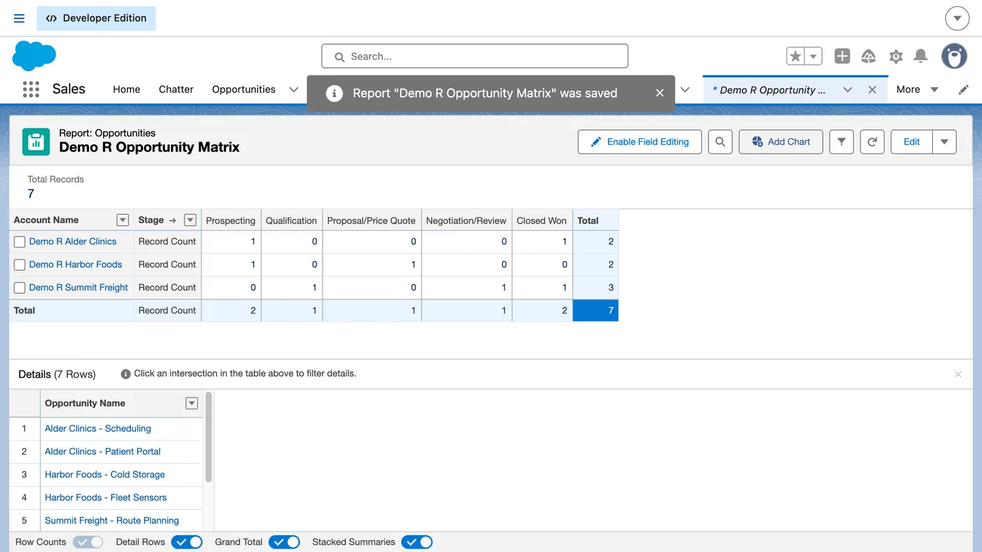 Salesforce screen for step 5: Click Save & Run and check the result: three accounts, seven opportunities.