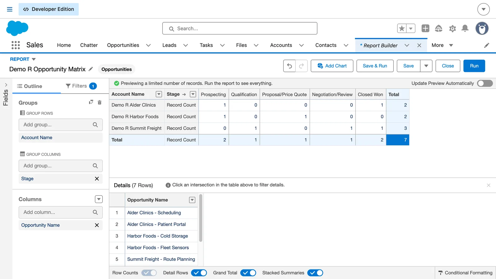 Salesforce screen from the video: Under Group Columns, choose Stage, then refresh the preview.