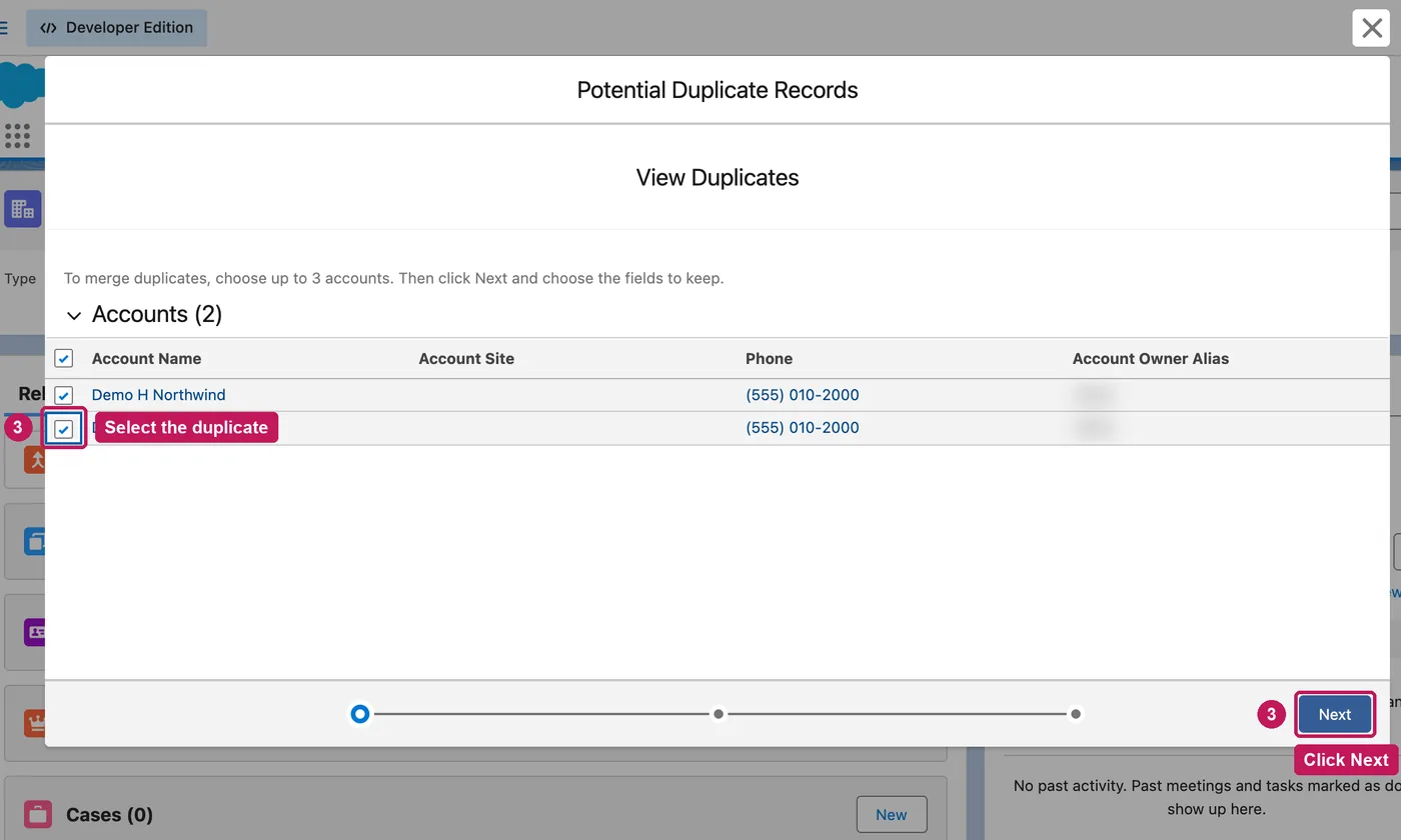 Salesforce screen for step 3: Select the accounts to merge, up to three, and click Next.