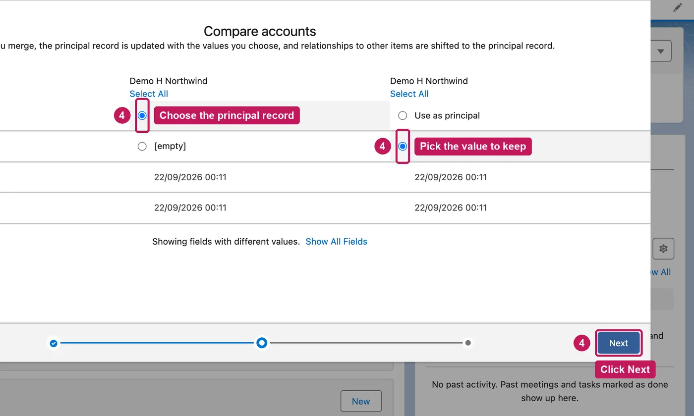 Salesforce screen for step 4: Choose the principal record and the value to keep for each field that differs, then click Next.